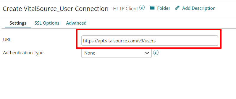 Enter the end-point URL for creating a user in VitalSource