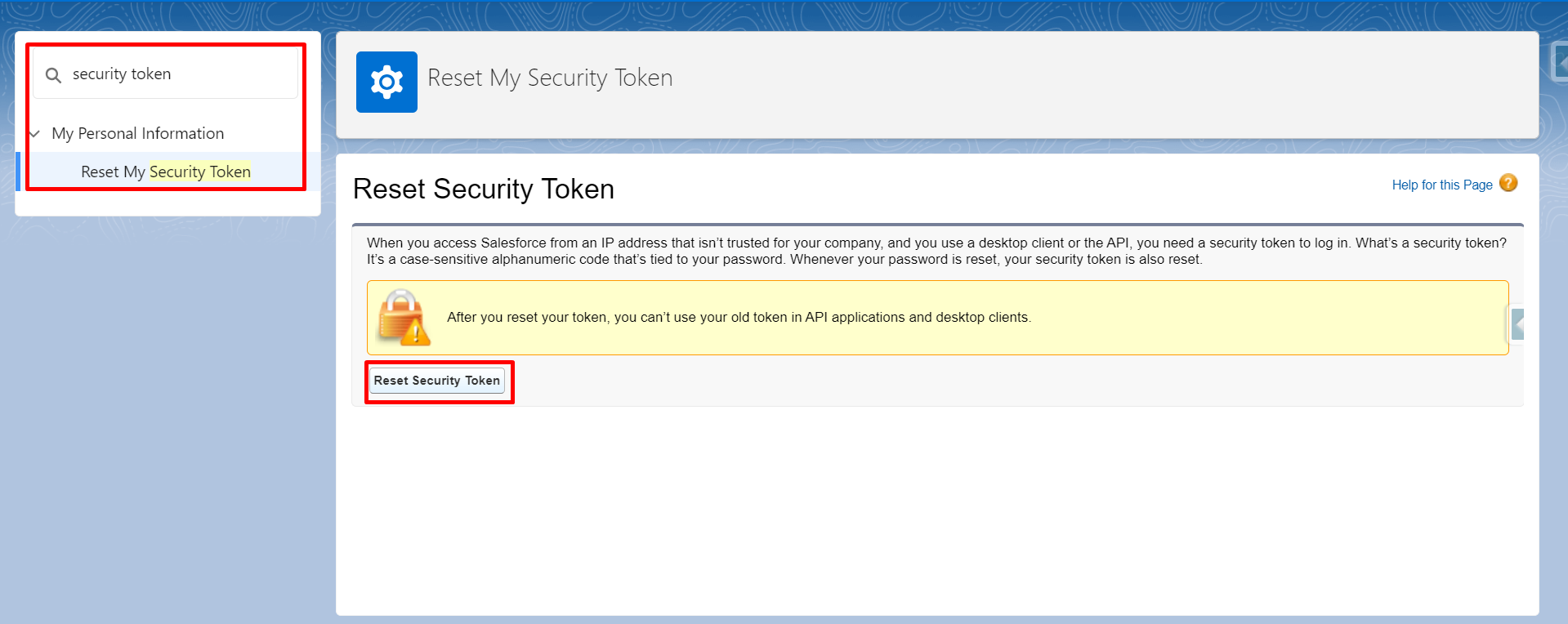 Search security token in the search bar