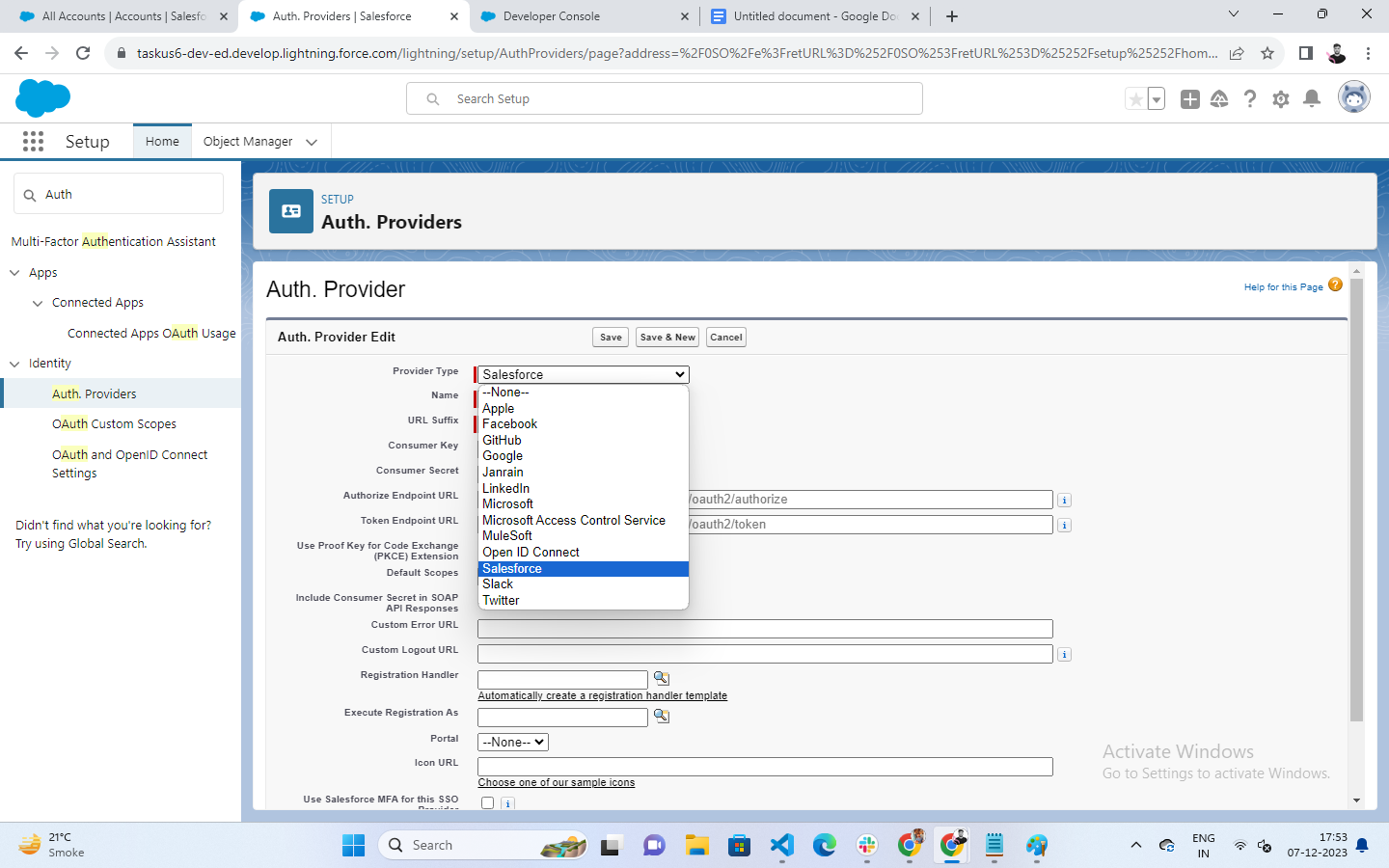 Select “Salesforce” as Provider Type