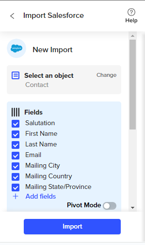 choose Salutation, First Name, Last Name, Email, Mailing City, Mailing Country, and Mailing State/Province