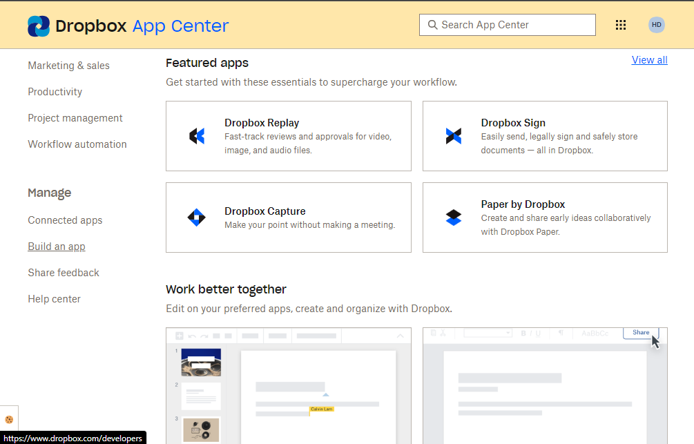 click on Build an App in the Manage section.